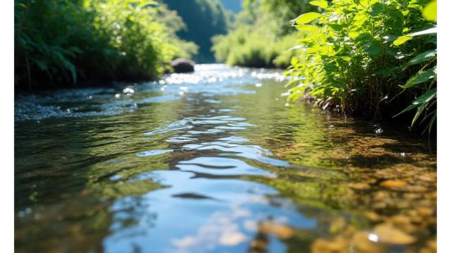 Clear mountain stream being revitalized, showing healthy aquatic plants and fish, an indication of successful ecosystem restoration