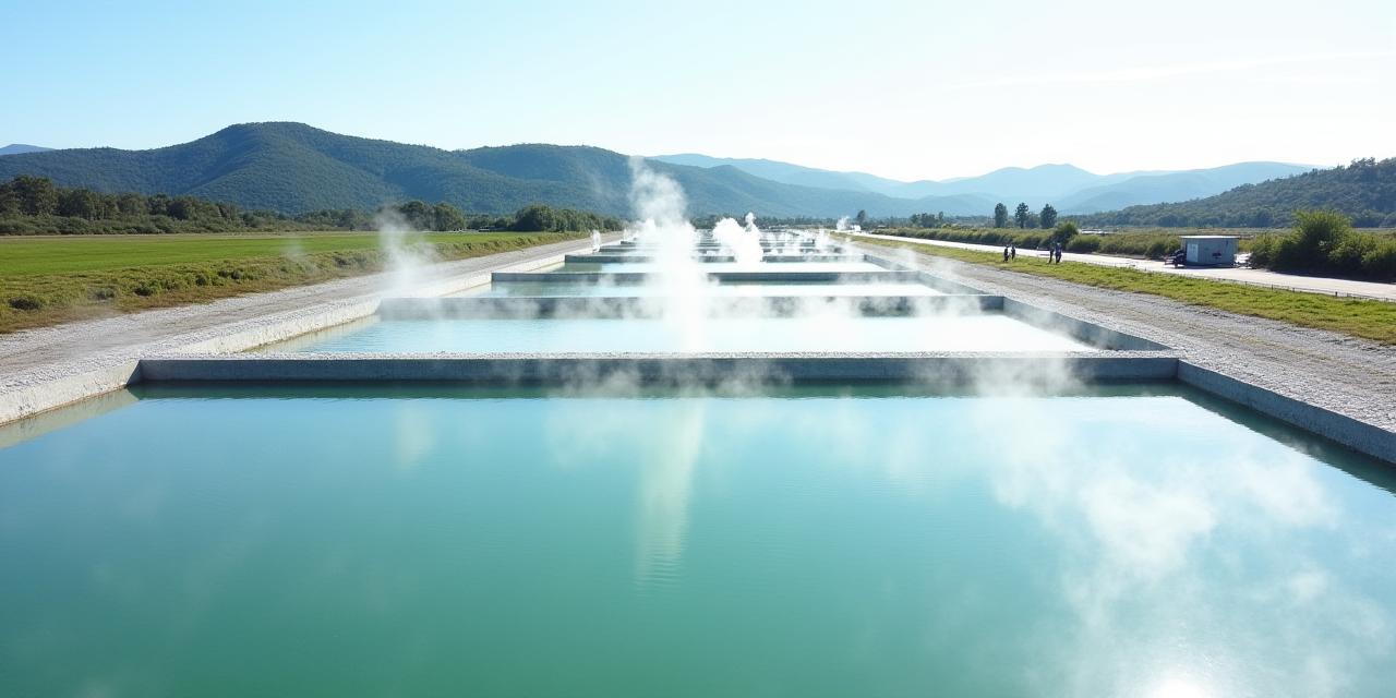 Panoramic view of modern geothermal aquaculture ponds under a clear sky, with steam gently rising, symbolizing sustainable innovation.