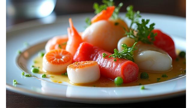 Artfully plated dish of fresh, premium seafood in a fine dining setting, ready for distribution