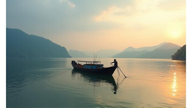 A small boat gently fishing in calm clear waters at dawn, emphasizing sustainable fishing practices